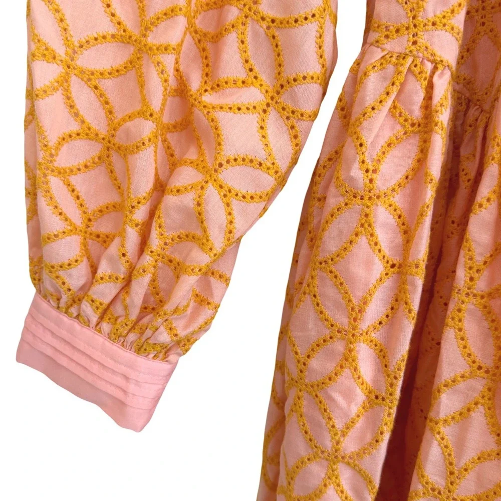 Aox Women Peach Orange Geometric Mini Dress Long Sleeve Pleated Bib Size M NWOT - Picture 4 of 11